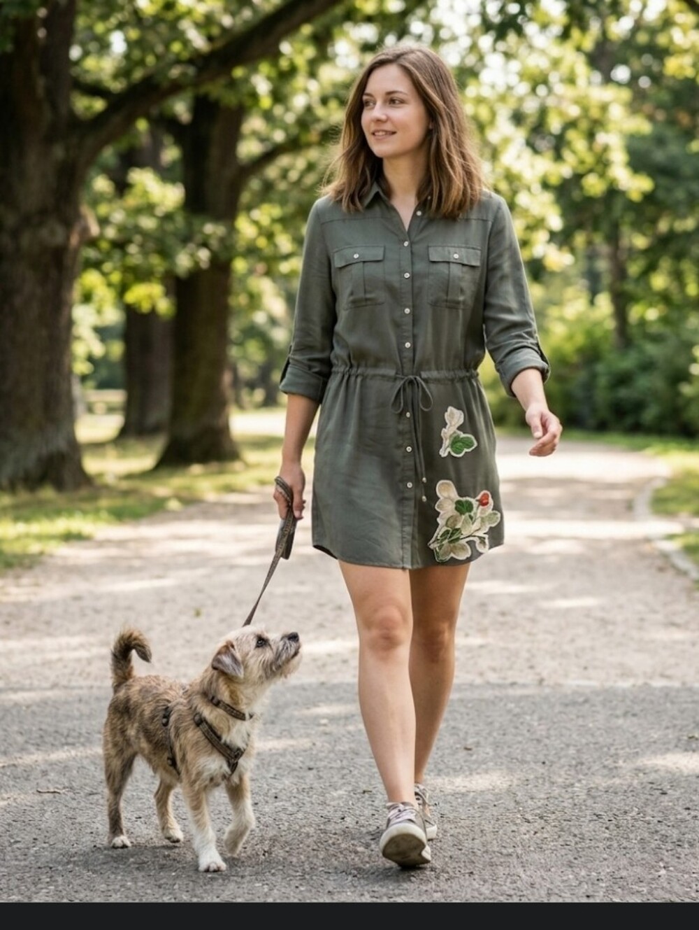 Military green tunic Dress M rose appliques Chicos